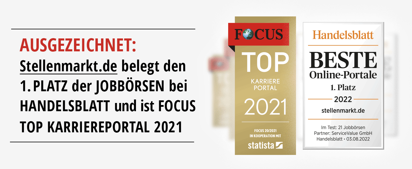 Ausgezeichnet: Stellenmarkt.de belegt den 1. Platz der JOBBÖRSEN bei HANDELSBLATT und ist FOCUS TOP KARRIEREPORTAL 2021