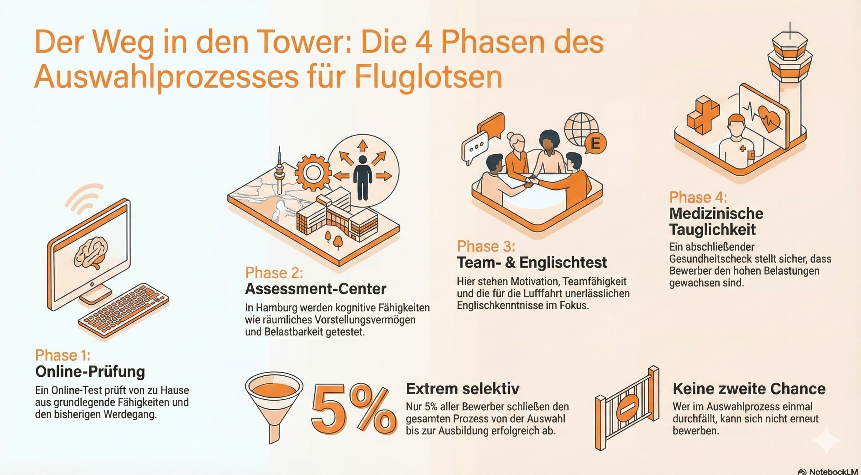 Auswahlprozess für Fluglotsen: die 4 Phasen. Erstellt per KI mit NotebookLM